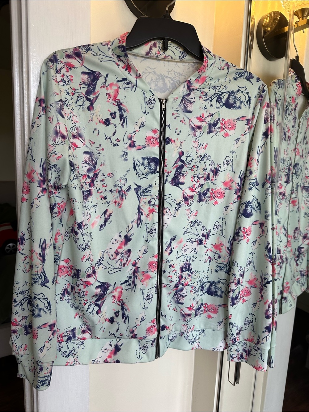 Floral Zip-Front Lightweight Jacket - Mint with Pink & Navy